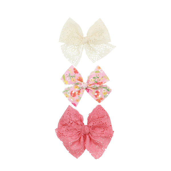 Lace Bow 3 Pack - Pink Floral Clips