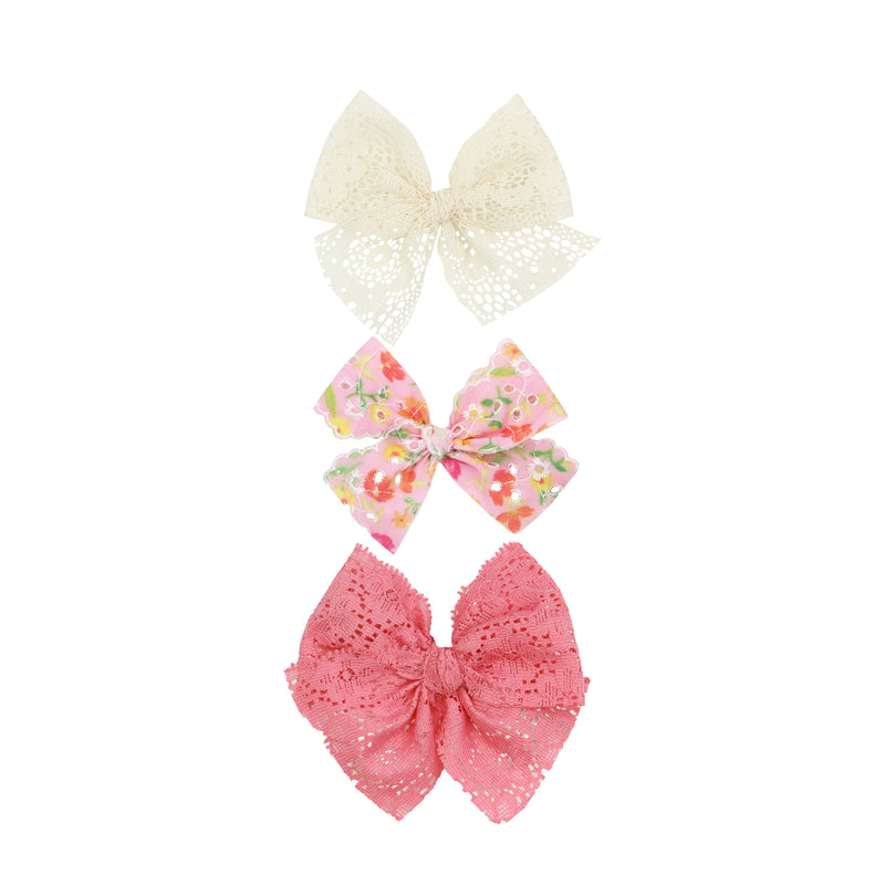 Lace Bow 3 Pack - Pink Floral Clips